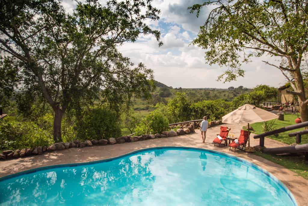 View from lounge over pool, with dining tent on the right