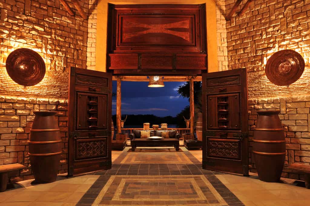 The hotel's beautiful entrance overlooking the Zambezi