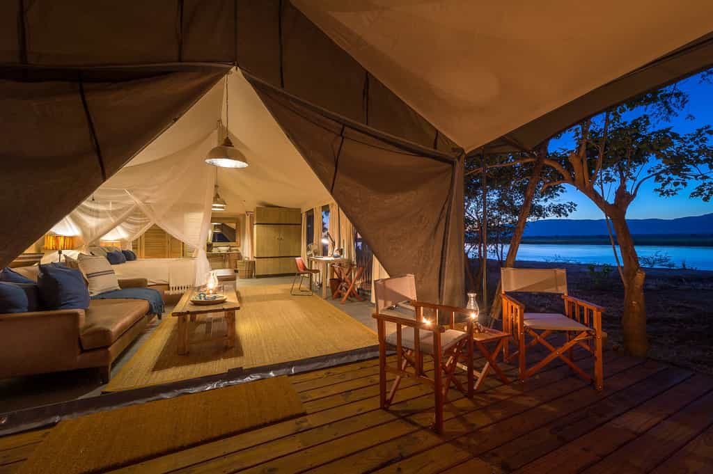 Guest tents overlook the Lower Zambezi River