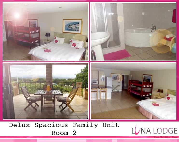 — Shared ground floor balcony with sea and mountain views.   —King bed + Bunk bed + single - sleeps 2 adults and 2 children.  — Attached bathroom with Jacuzzi bath and shower.   — Full open plan kitchenette with braai facilities on balcony.