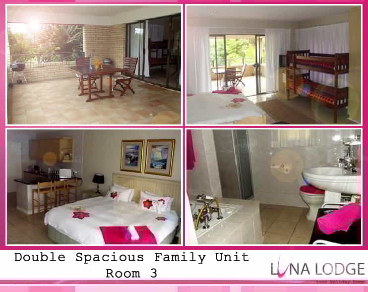 — Shared ground floor balcony with sea and mountain views.   — Standard King size & double stack bed – sleeps 4 adults.   — En suite bath and shower.   — Full open plan kitchenette with braai facilities on balcony.