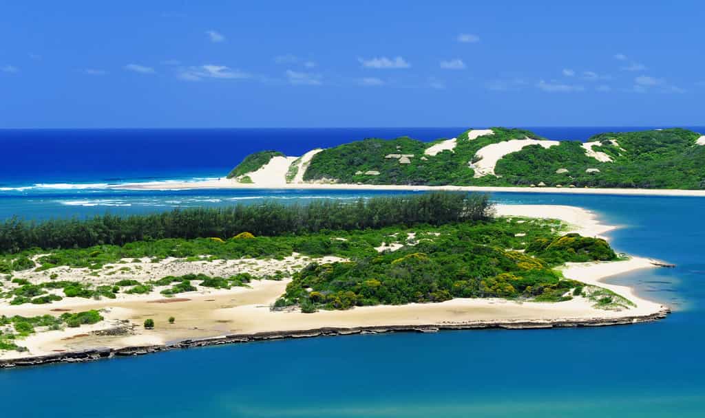 Aerial overlooking Inhaca Island with lodge in the background