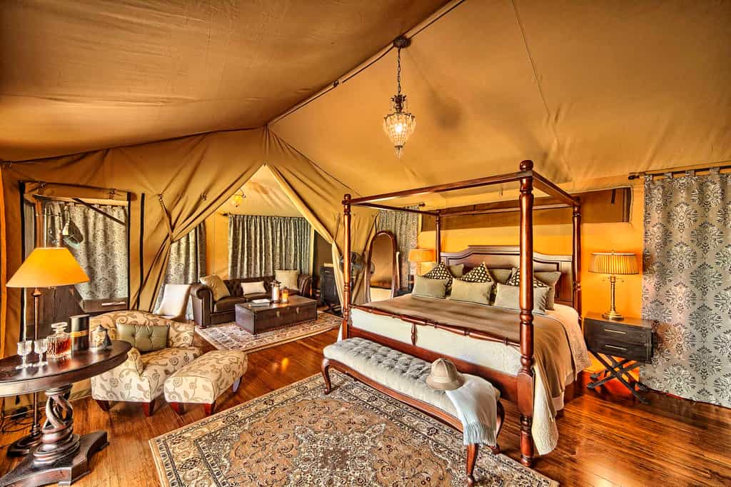 A lavishly and traditionally furnished safari tent.