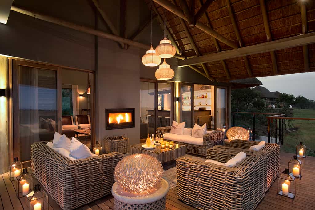 Mhondoro Game Lodge- Main Lodge deck evening