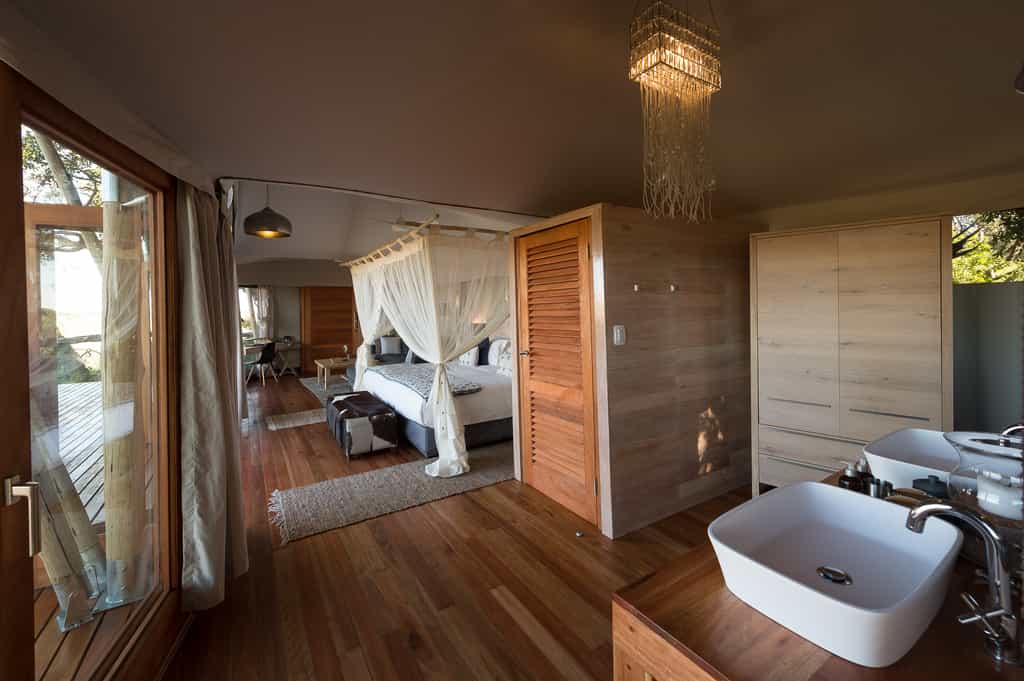 The interior of a spacious and elegant guest tent