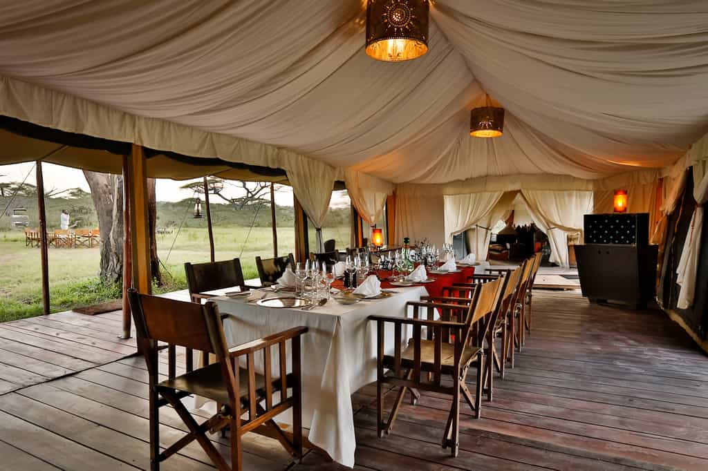 The open sided dining tents where meals are served offer wonderful views of the Serengeti 