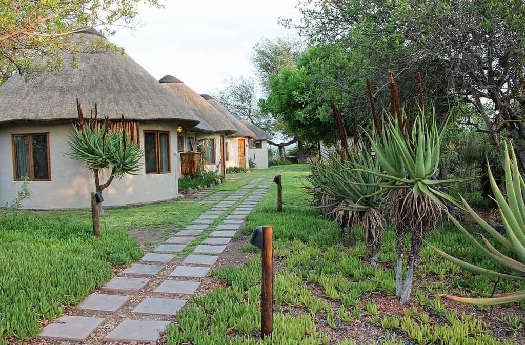 Individual african safari chalets with pathway to the lookout deck and rim flow pool