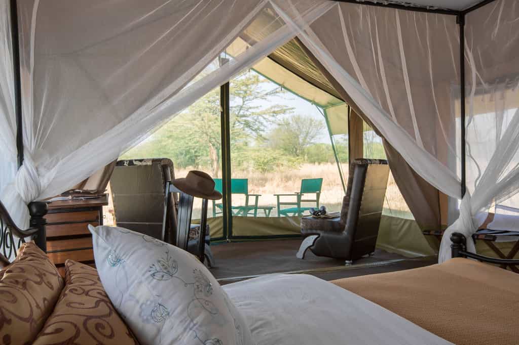 Netted porch and room with mosquito-netted beds, writing desk and private ensuite with bucket shower, flowing water to handbasin and flushing toilet