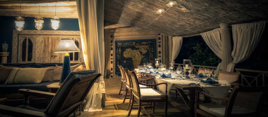 Lounge and dining area at night