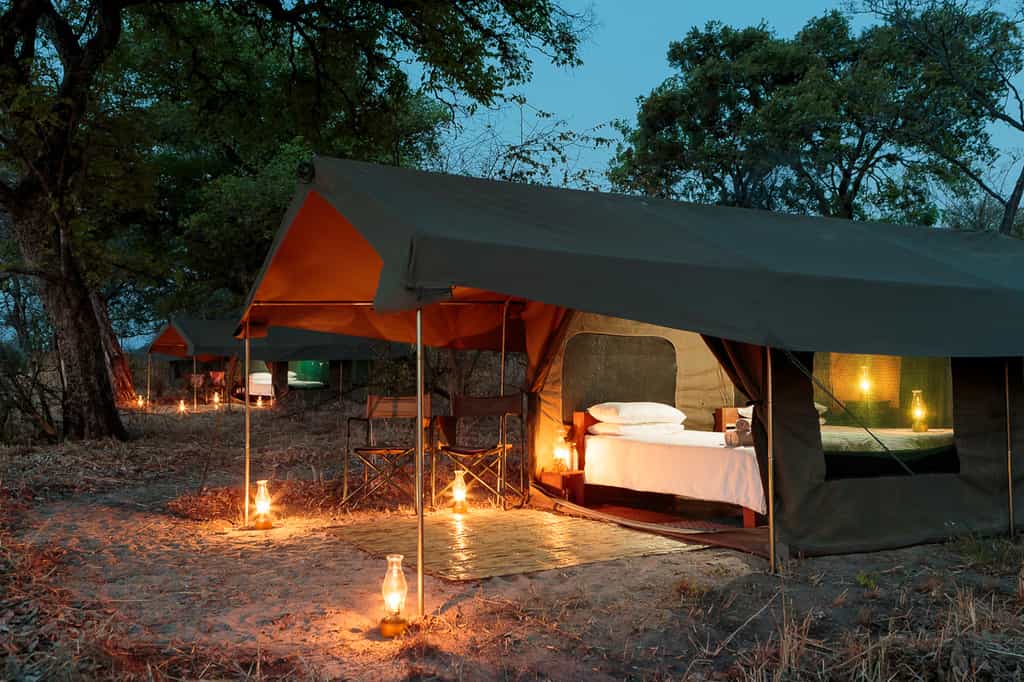 Walk-in canvas safari tents with luxurious cotton linens, seating, charging and fan. Twin or king.