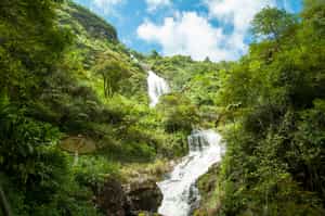 Look up at the cascading Silver Falls in Sapa