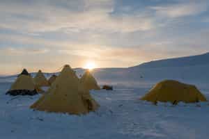 Camp in isolation on snowy glaciers in Antartica