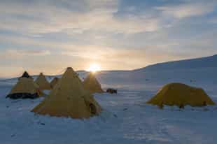 Camp in isolation on snowy glaciers in Antartica