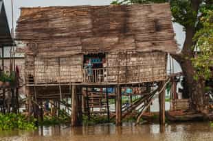 See Khmer stilt houses on the banks of the Mekong