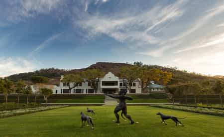 Manor House at Leeu Estate with Artemis and her three dogs in the foreground
