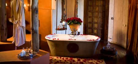 With a centrepiece of red roses has twin hand basins, shower, chandelierlit bathtub and seperate wc