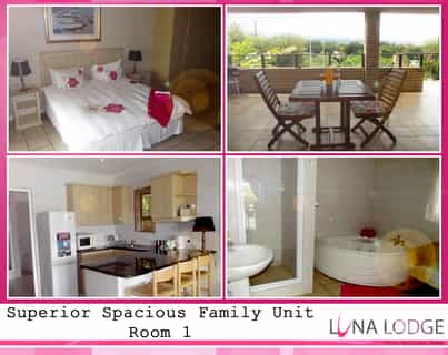  — Shared ground floor balcony with sea and mountian views.   — King bed + Bunk bed + single - sleeps 2 adults and 2 children + 1 person.   — En-suite full bathroom with Jacuzzi bath and shower.   — Full open plan kitchenette with braai facilities on balcony.