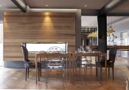 Table in front of a fire place