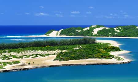 Aerial overlooking Inhaca Island with lodge in the background