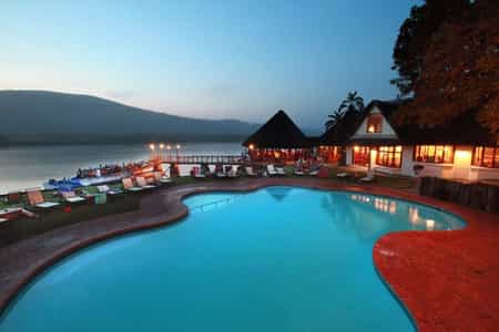 Early evening view looking down over pool and bar deck